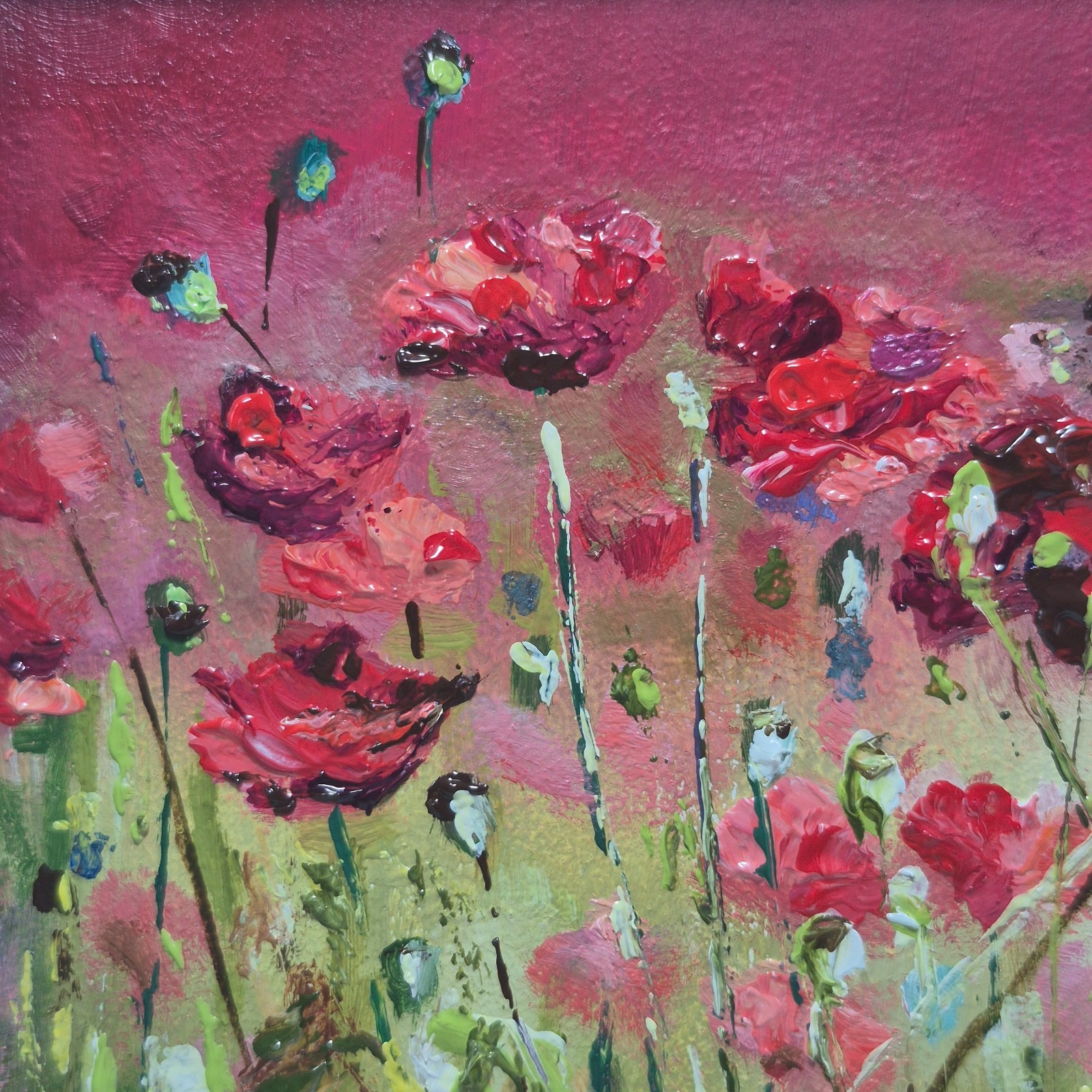 An original, signed oil painting, framed. “Poppy Field” 4×4