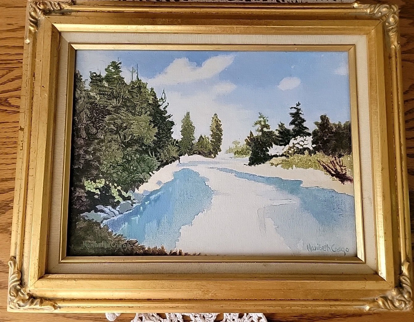 Vintage Maribeth Crago Erie Pa Artist Acrylic Painting Winter Snow Pond Scene