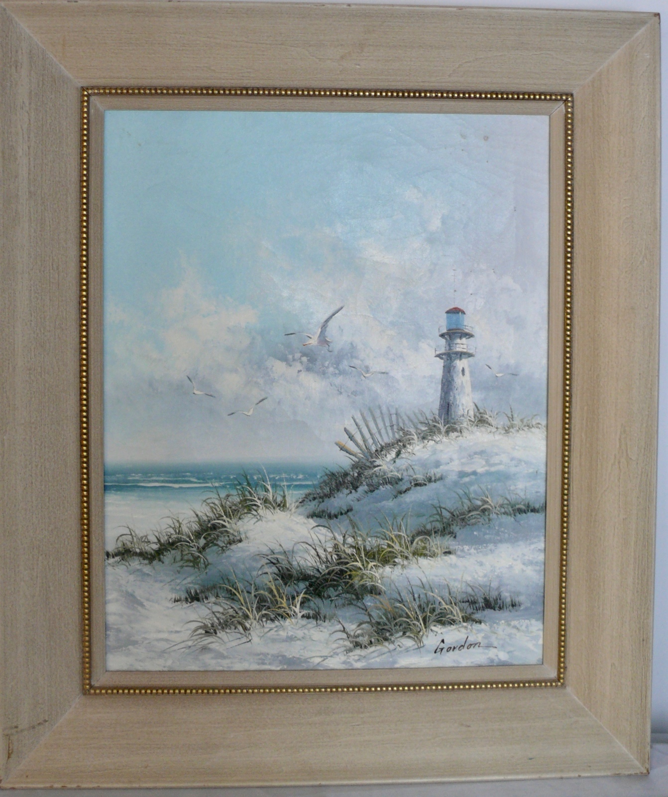 OIL PAINTING SIGNED GORDON SEASCAPE LIGHTHOUSE OCEAN SEA GULLS
