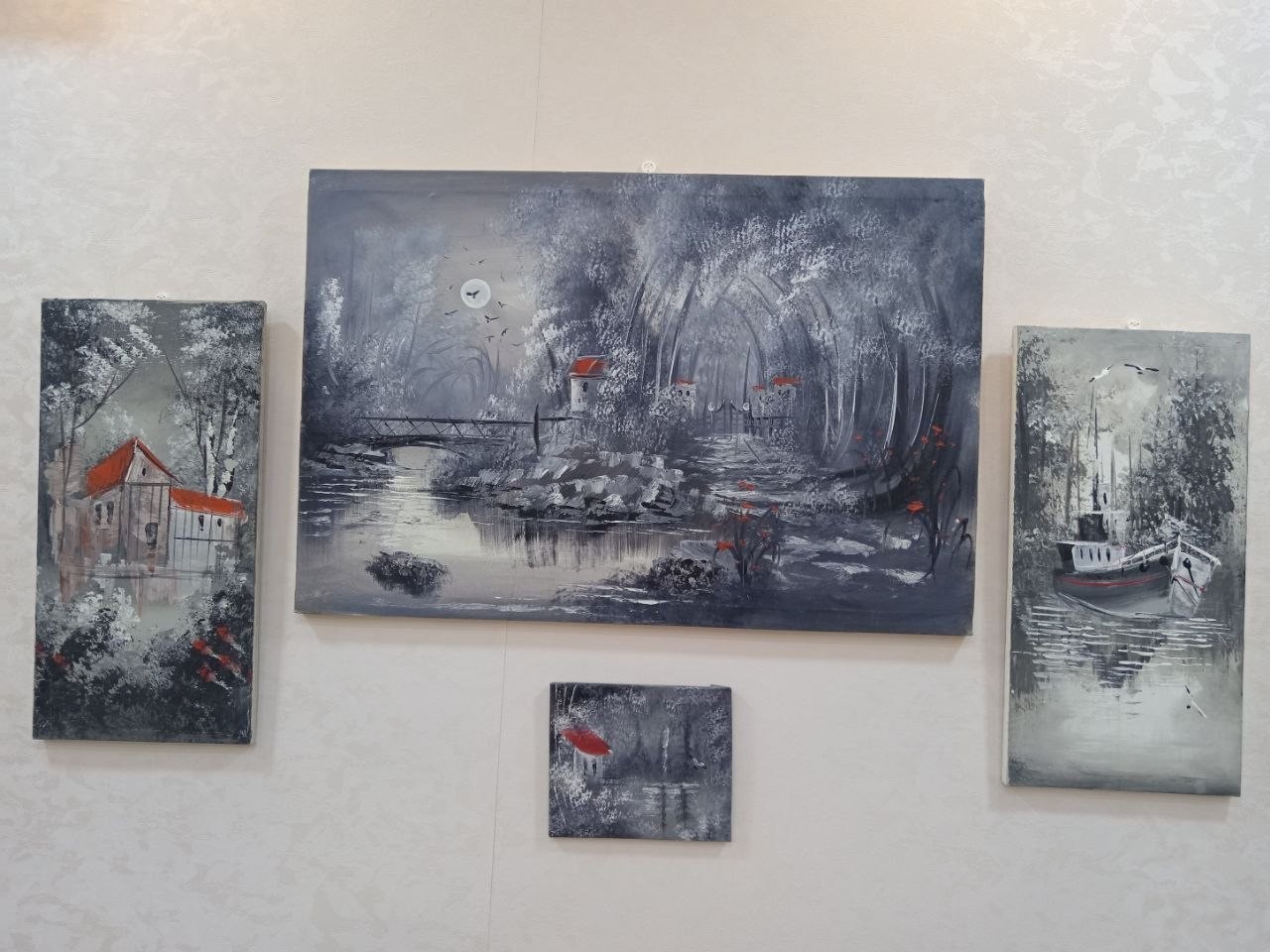 4PC Hand Painted Acrylic Landscape Canvas Art Set Grey Black White Pop of Red