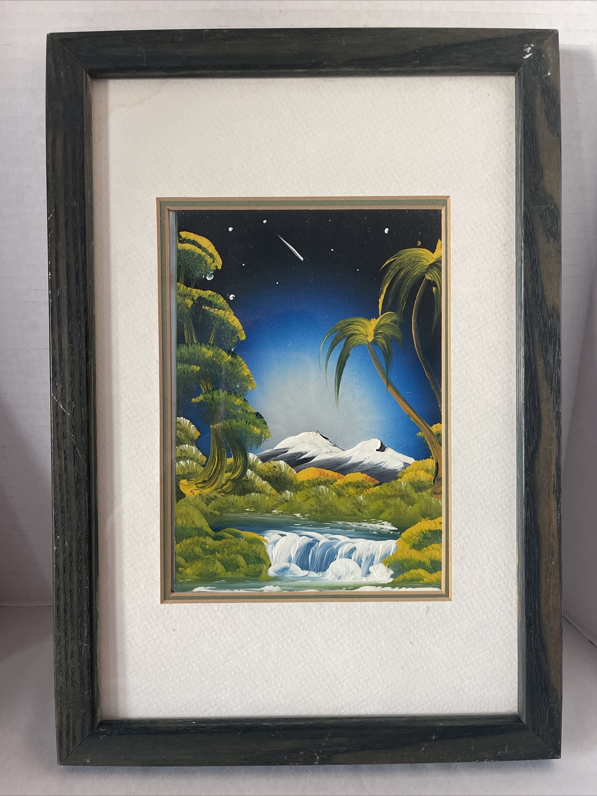 Landscape Painting Mountains Waterfall Tree Nature Framed Oil 13×9” Vintage