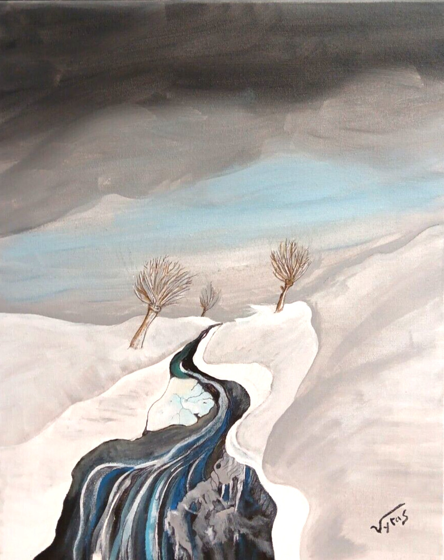 Winter River Landscape Original Acrylic Painting Canvas Signed Vytas 20×16 in