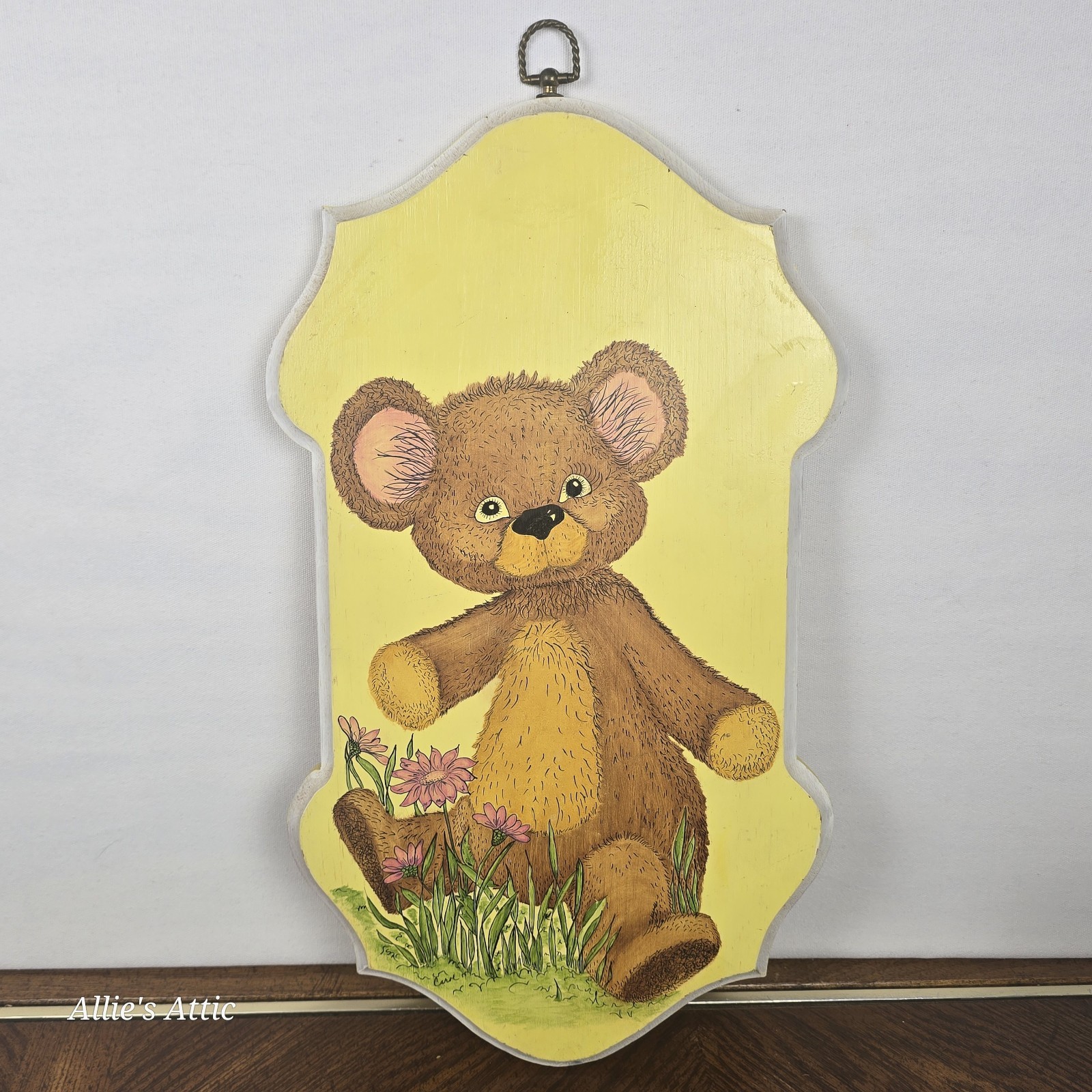 Wooden Teddy Bear Wall Decor Vintage Painting Kid Room Baby Nursery Yellow 19×10