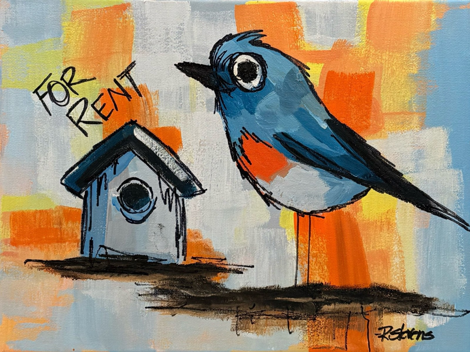 R Stevens 11×14 Original Blue Songbird Birdhouse Painting Whimsical