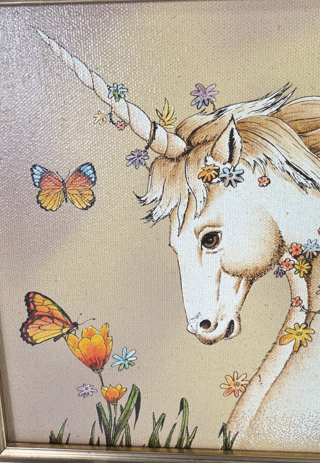 Gold Framed Unicorn Horse Oil Painting on Canvas Signed by Casandra MCM 8 x 10”
