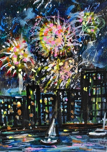 ACEO Original Painting FIREWORKS Summer CITY Buildings Ocean Boats Lights ART