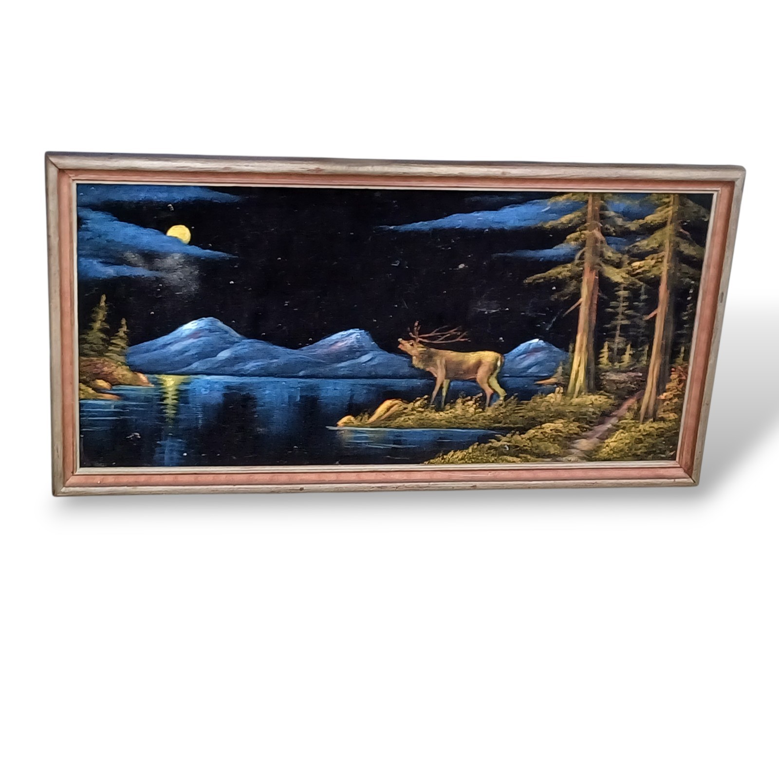 Vintage Deer Elk Velvet Painting 1970s Wooden Framed Forest Cabin Art