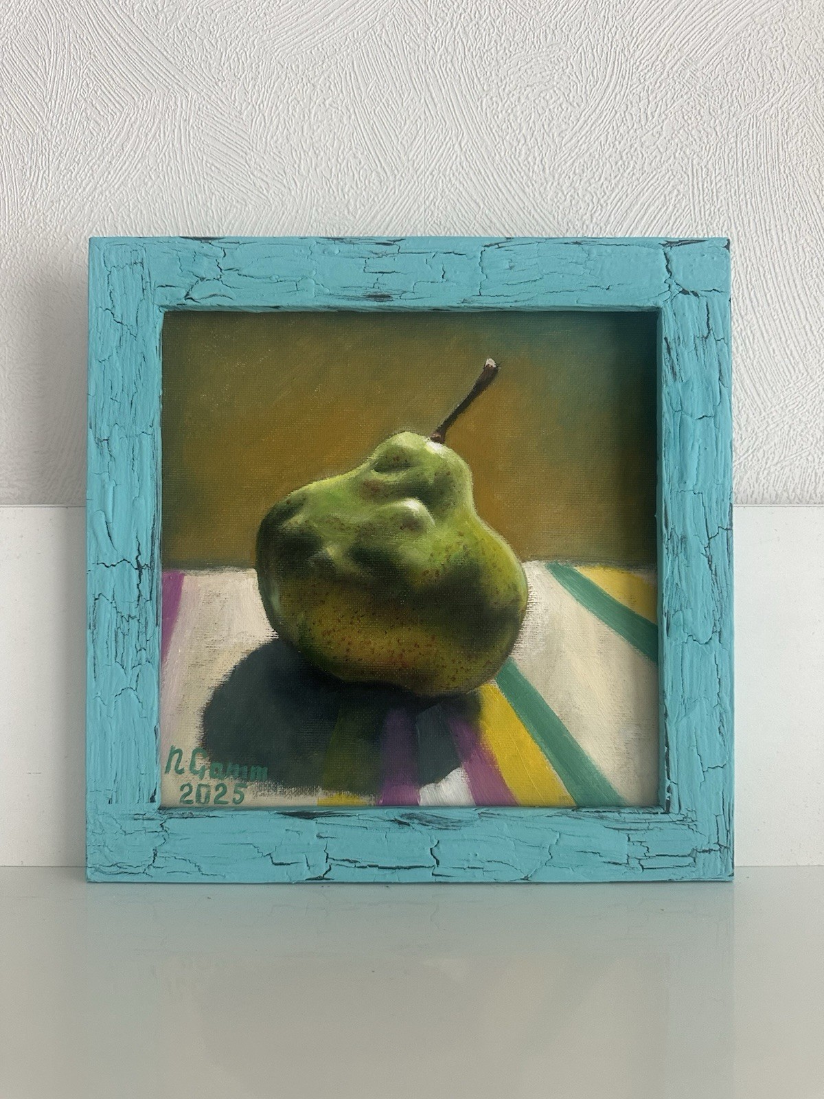 Oil Painting, Wall Art, Still Life, Art For Kitchen, Gift, Green Pear, 20x20cm