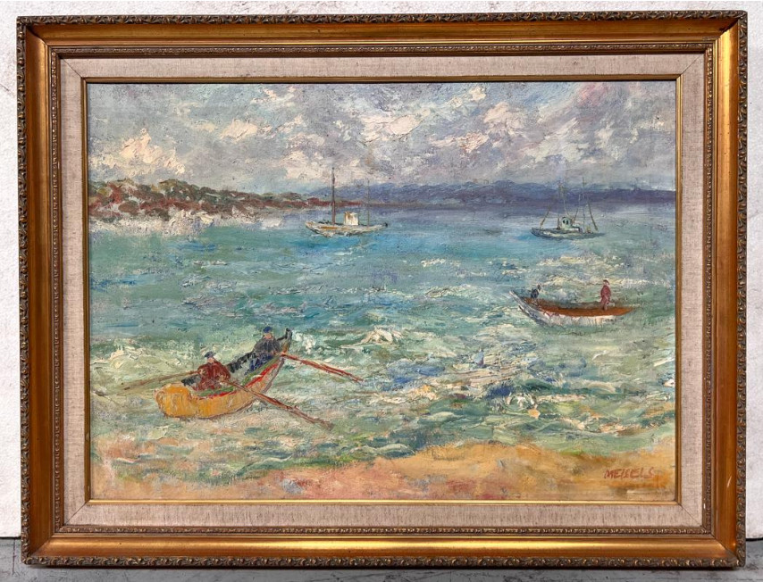 Marvin Meisels Oil Painting on Canvas Boats by the seashore