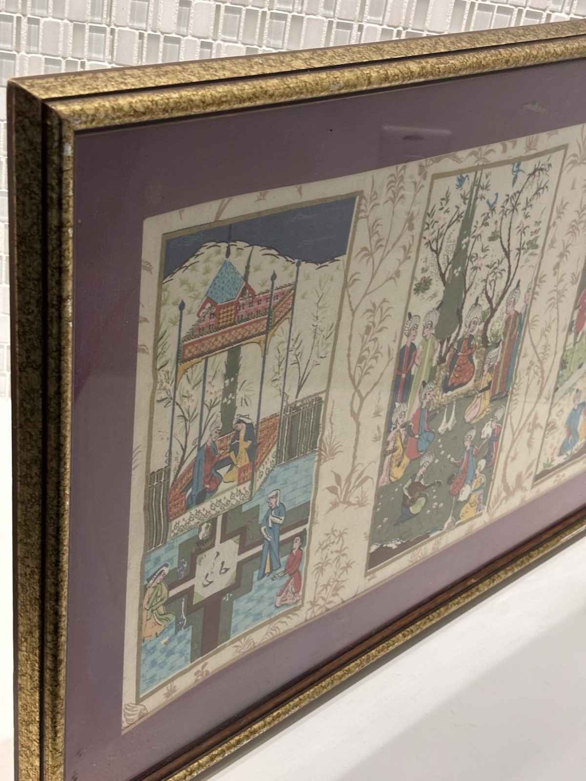 Vintage Mughal Framed Silk 3-Panel Painting, Rare Cultural Fine Art Decor Gifts