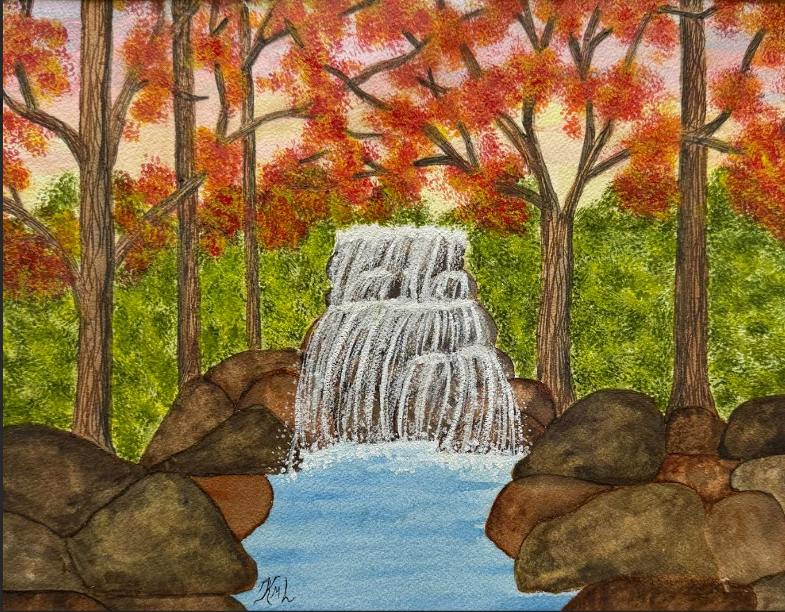 PAINTING WATERCOLOR TREES AUTUMN WATERFALL POND LANDSCAPE 11X14 DOUBLE MAT 16X20