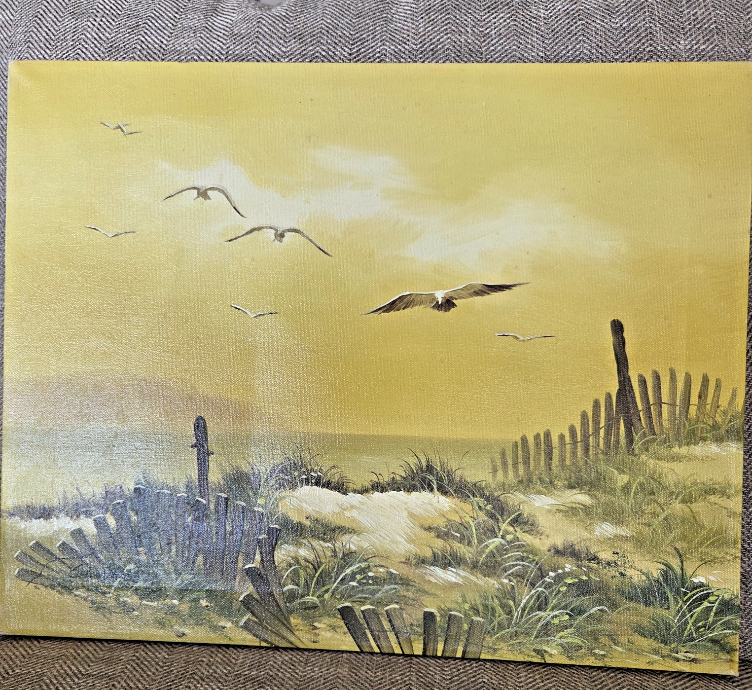 Vtg Seascape Coast Gold & Olive Oil on Canvas Seabirds Grass Signed Giovanni MCM