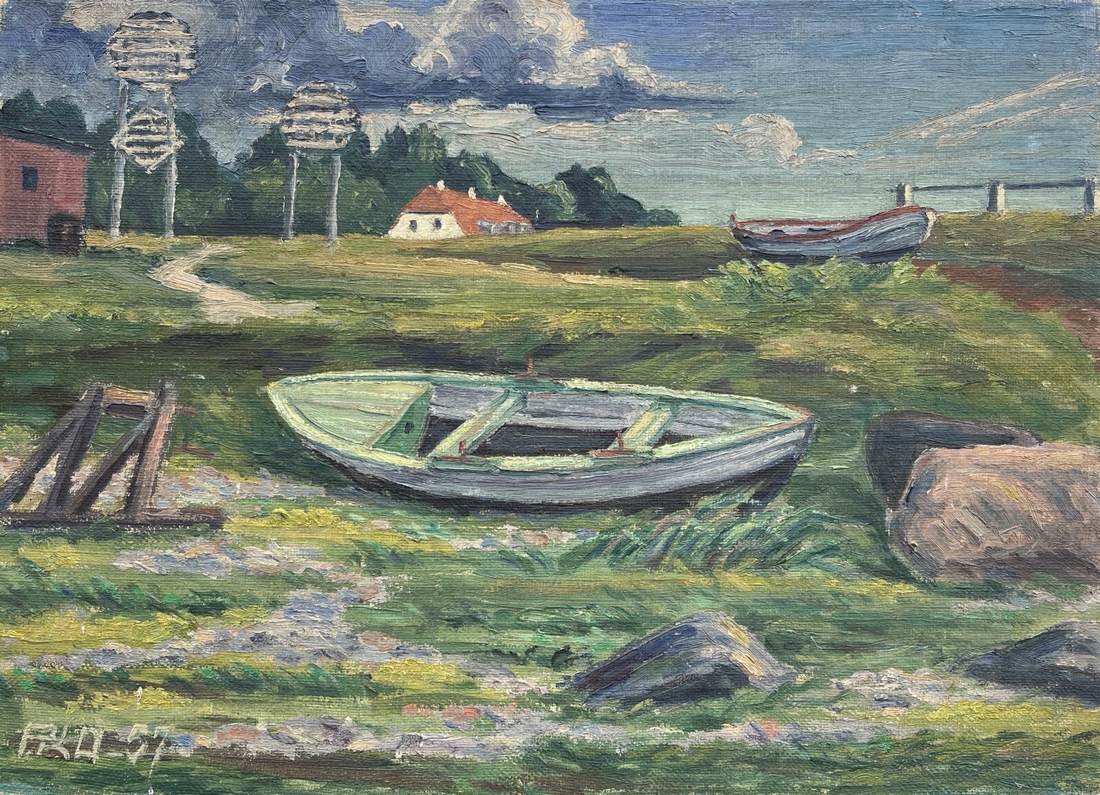 Impressionist Danish Coastal Landscape Boats At Shore Fishing Village Summer Day