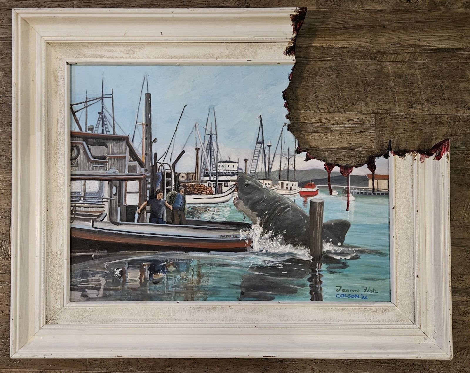 Bruce the Shark bitten thrift store painting upcycle.