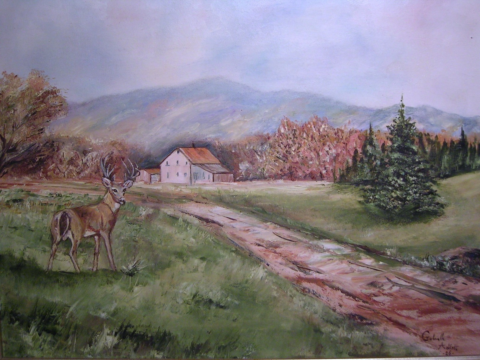 Vtg Original Mountain Landscape Deer Oil Painting Signed