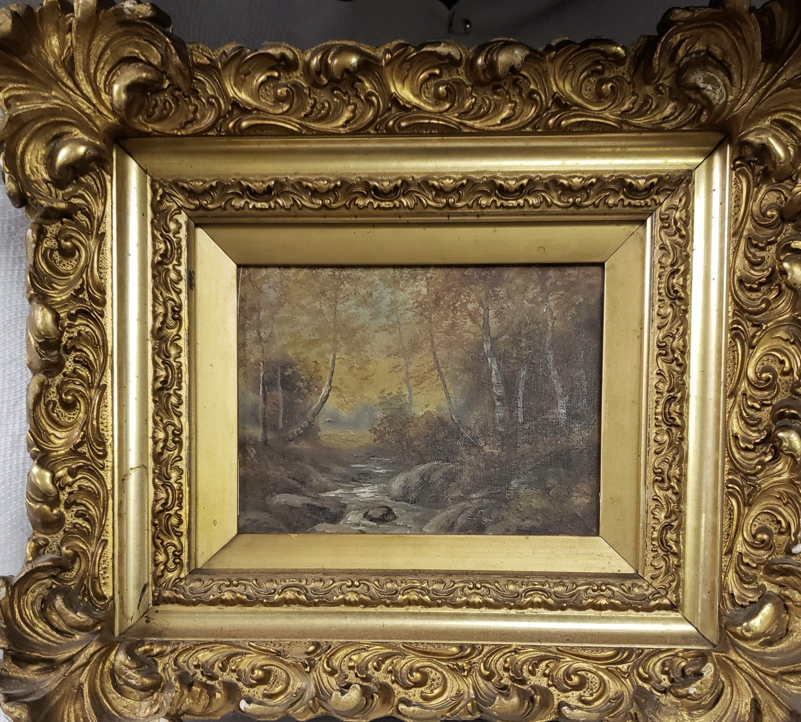 Vintage Gild Framed Landscape Painting on Canvas Forest Trees River Stream, sign