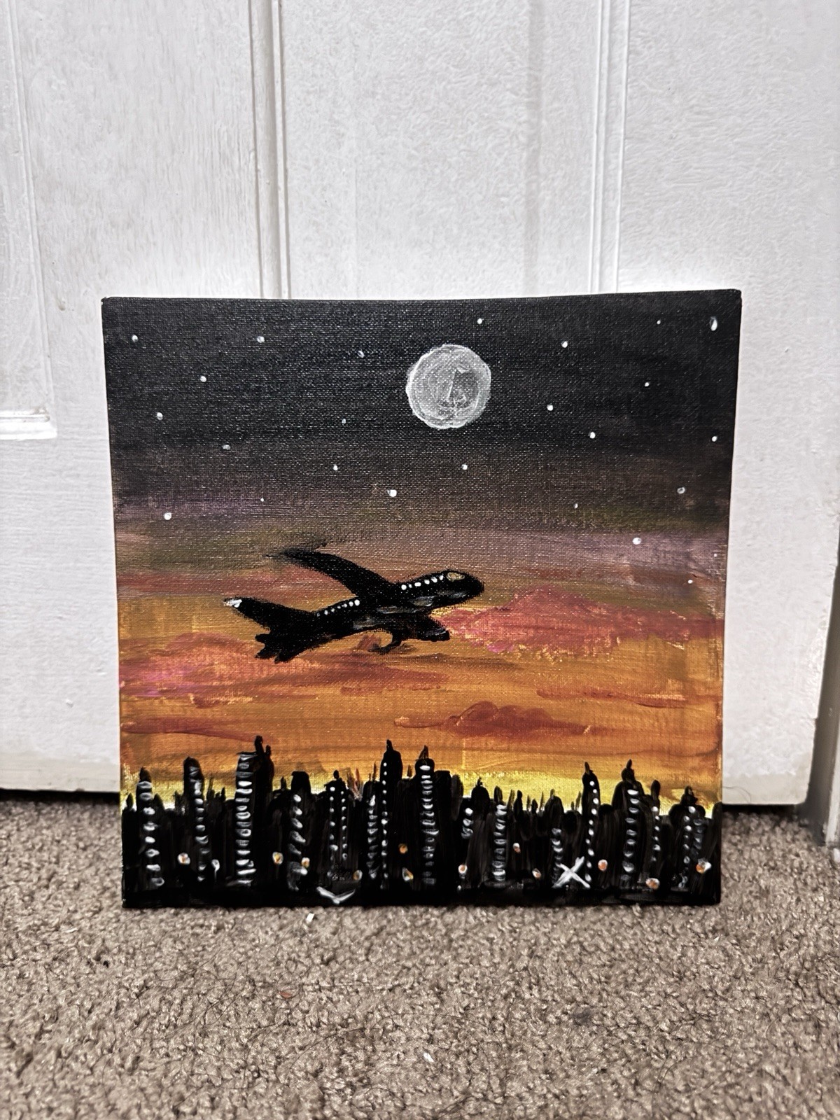 Handmade Sunset Cityscape Painting with Airplane – Acrylic