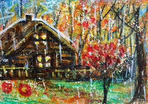 ACEO Original Painting TREE Autumn CABIN Rain Landscape FALL Leaf Nature ATC ART