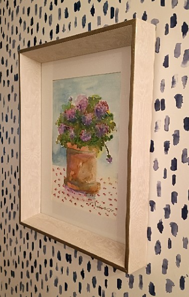 Original watercolor, signed, framed titled Potted Geranium #32 by P.S. Moskowitz