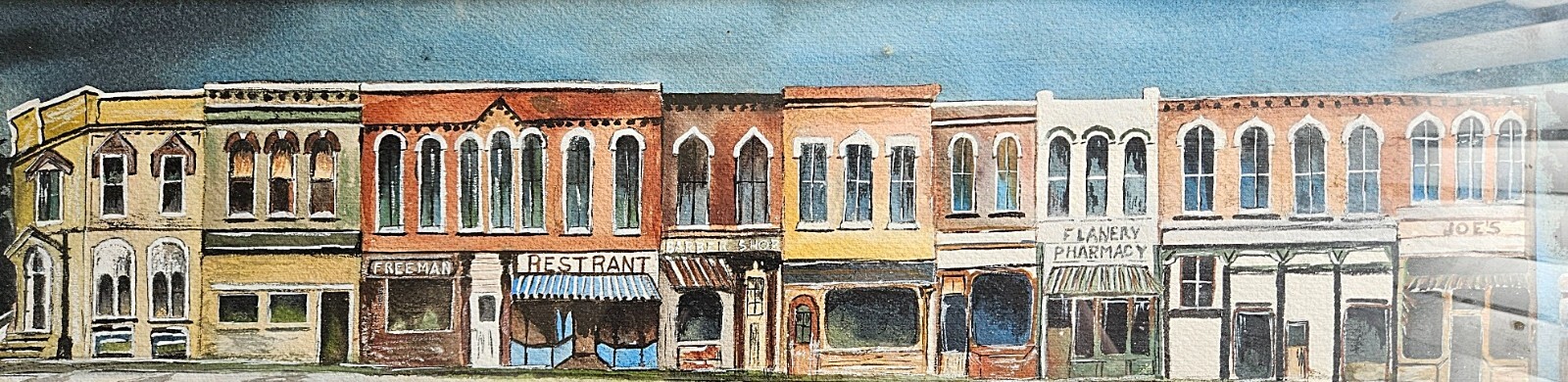D Thomas Untitled «Street Scene» Watercolor Framed 26.5″x8.5″