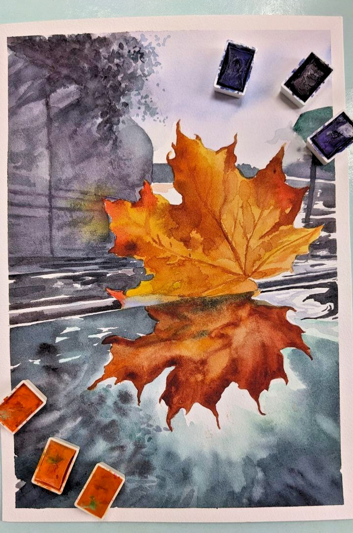 Autumn Orange Leaf in Puddle Reflection Watercolor Painting Seasonal City A4 Art