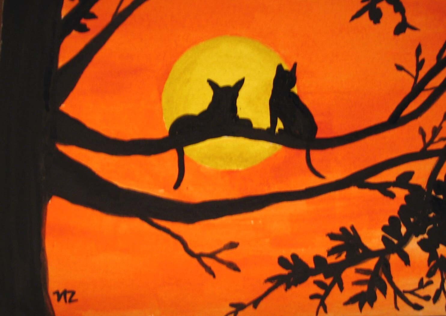 2 cats in tree halloween orange sky mACEO PRINT of Original Water Color painting
