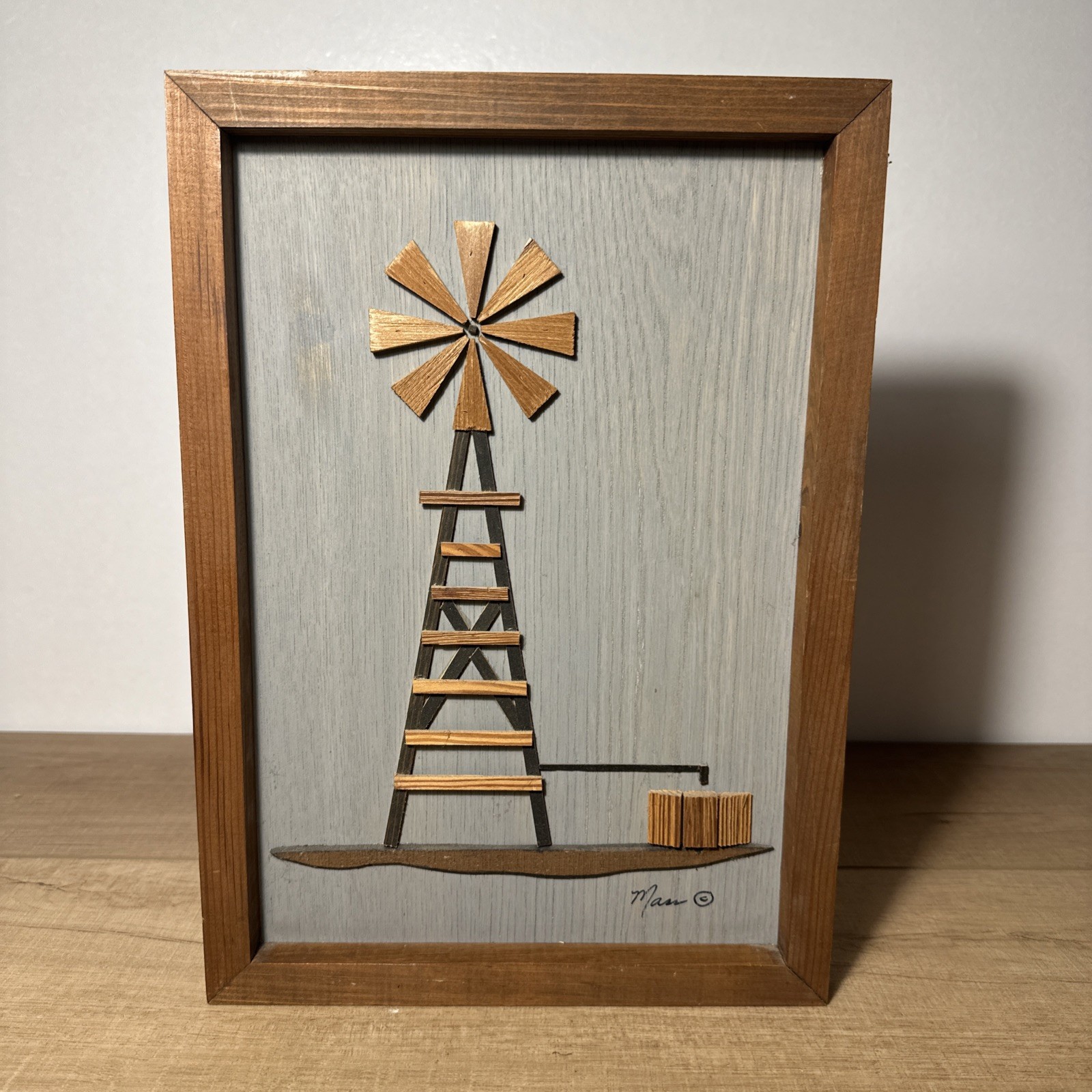 Vintage MCM Folk Art 3D Wood Rustic Wind Mill – Mass Bros – Signed