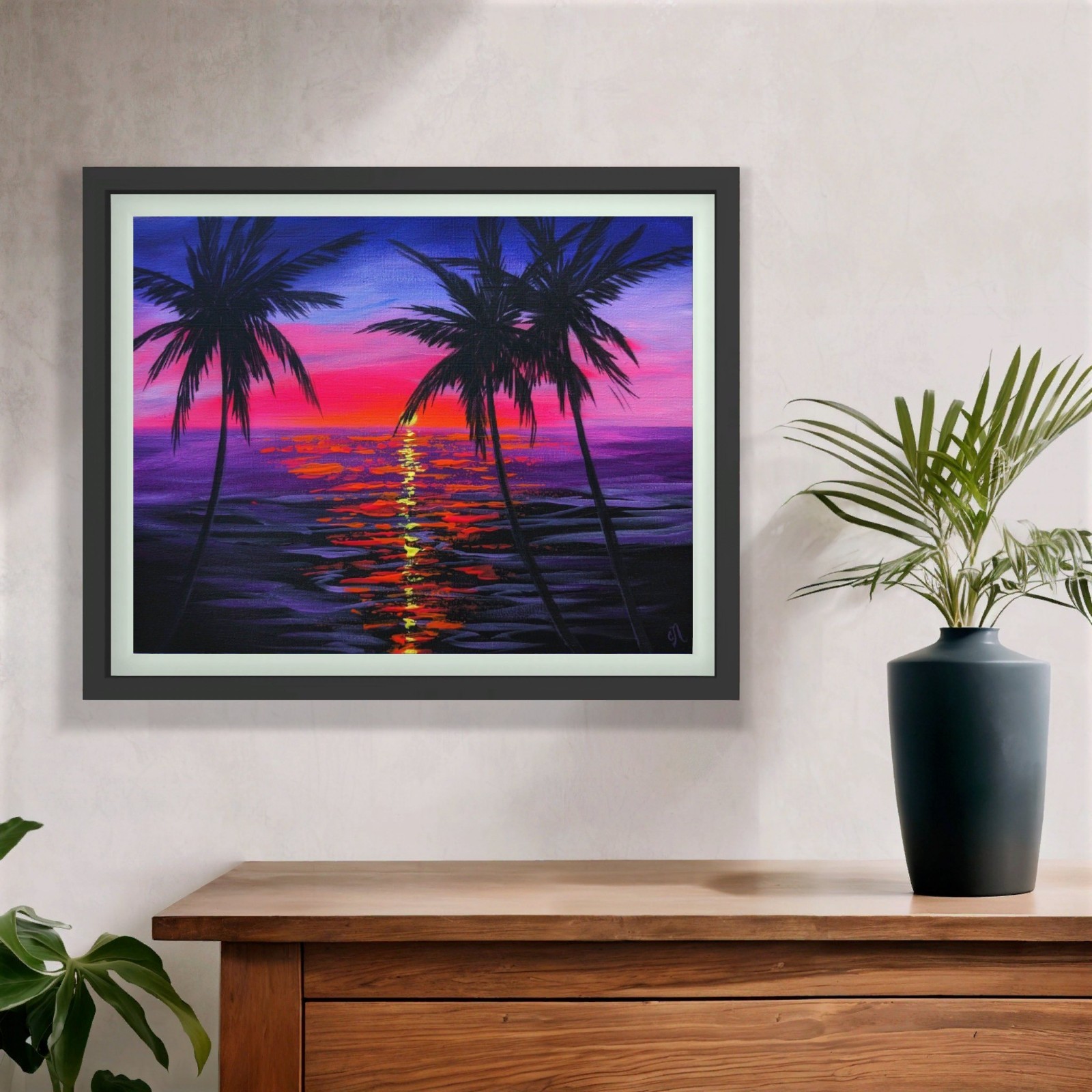 Tropical Sunset Beach Original Painting. Hand-Painted Seascape Canvas. Palm Tree