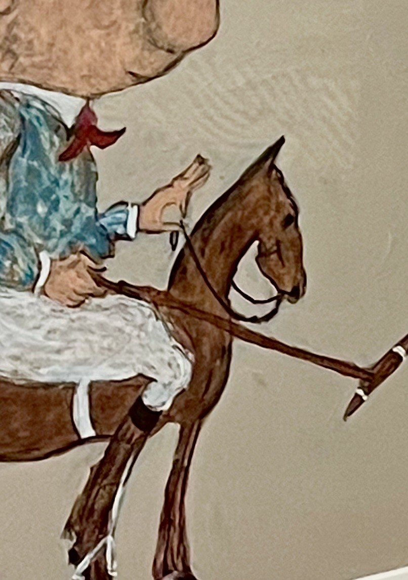 Original Polo Player Caricature Study on Board Pastel-Graphite-Gouache
