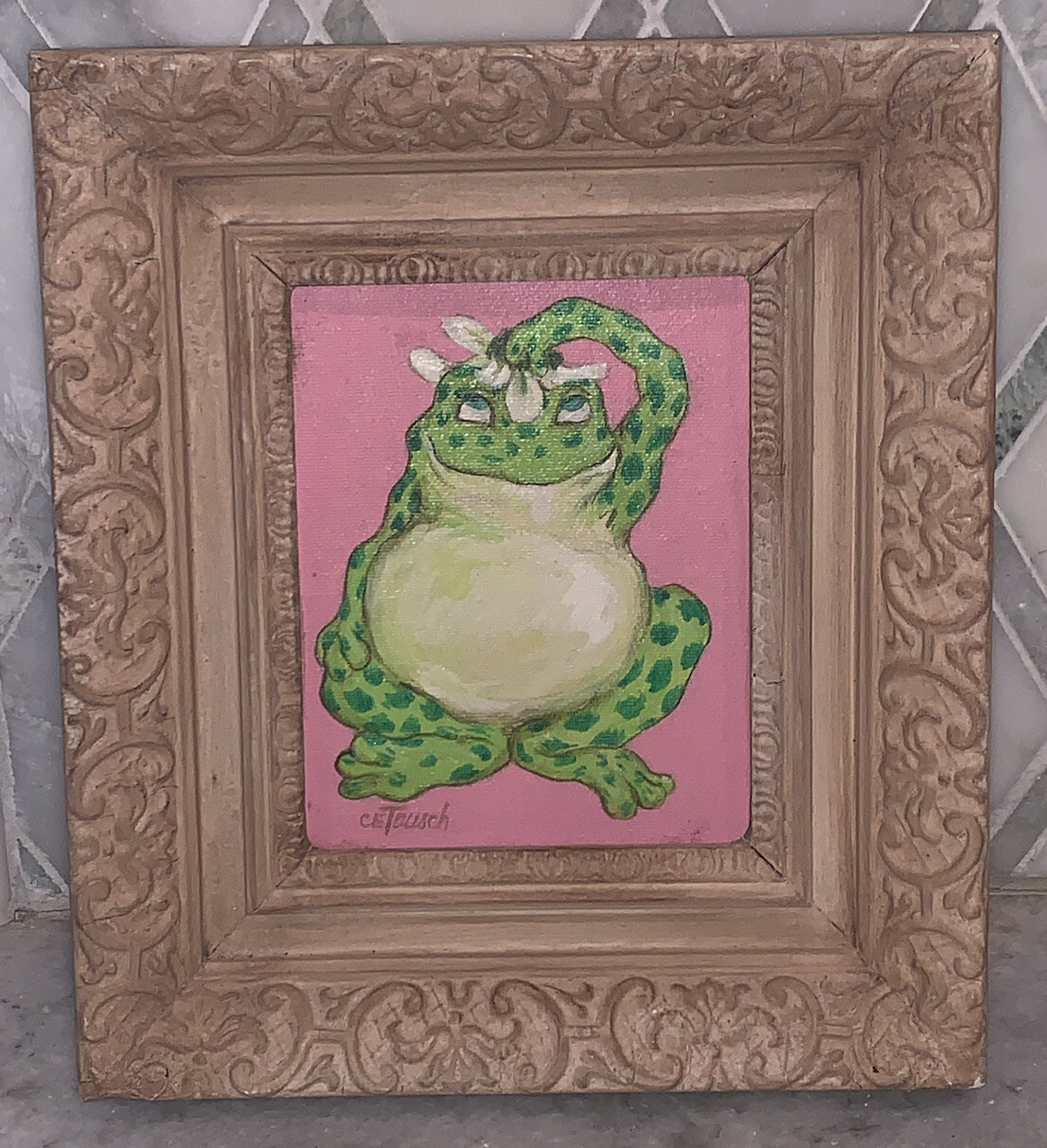 Vintage MCM Frog W/Daisy Original Painting Framed Signed CE Tausch 8 5/8”x7 5/8”