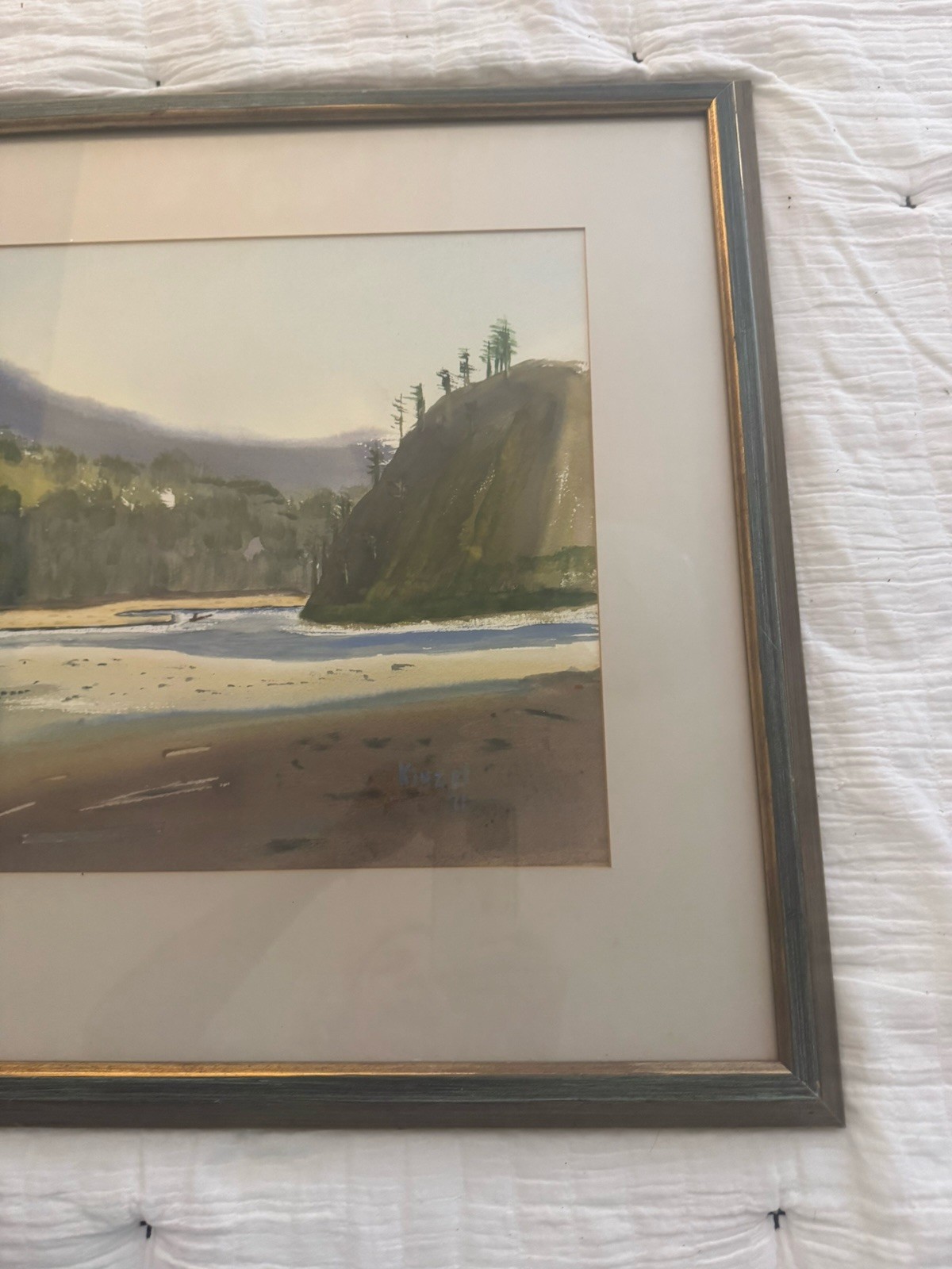 Watercolor Landscape Original Art Signed Kinzel Vintage 1971 Framed Water Inlet