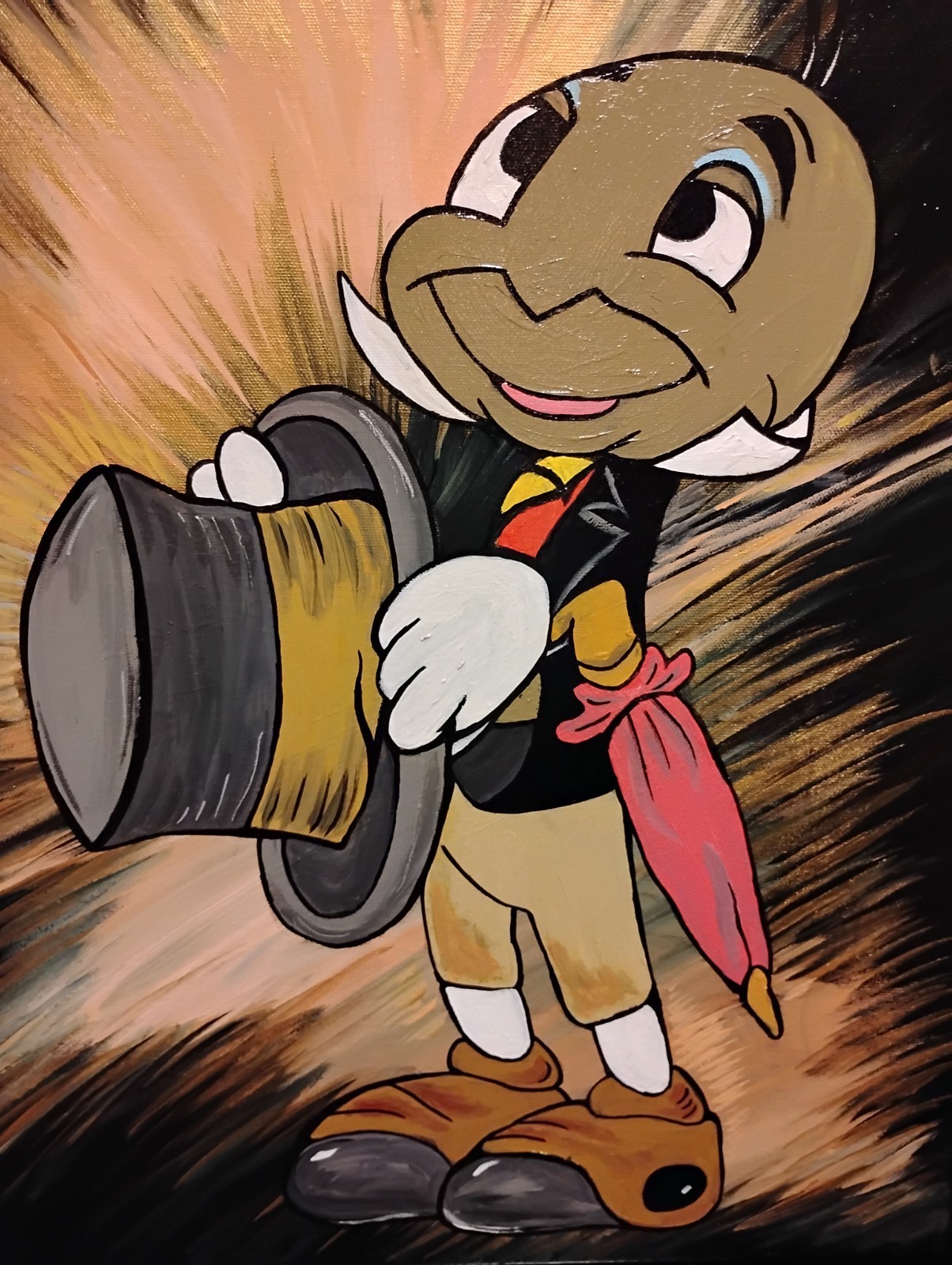 «A cricket and a top hat» acrylic painting on canvas 16×20