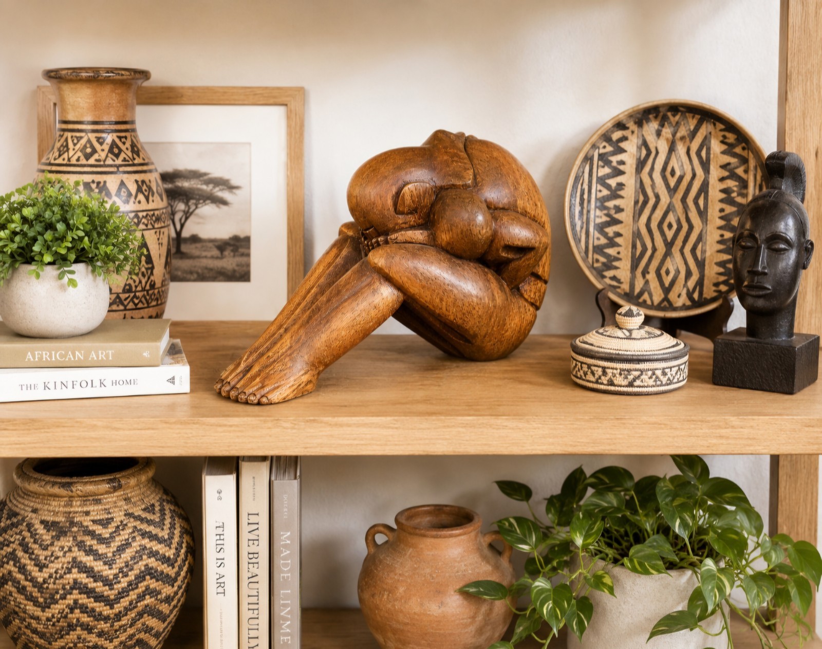 Vintage «Weeping Buddha»Hand-Carved Indonesian Suar Wood, «Shy Man» Sculpture