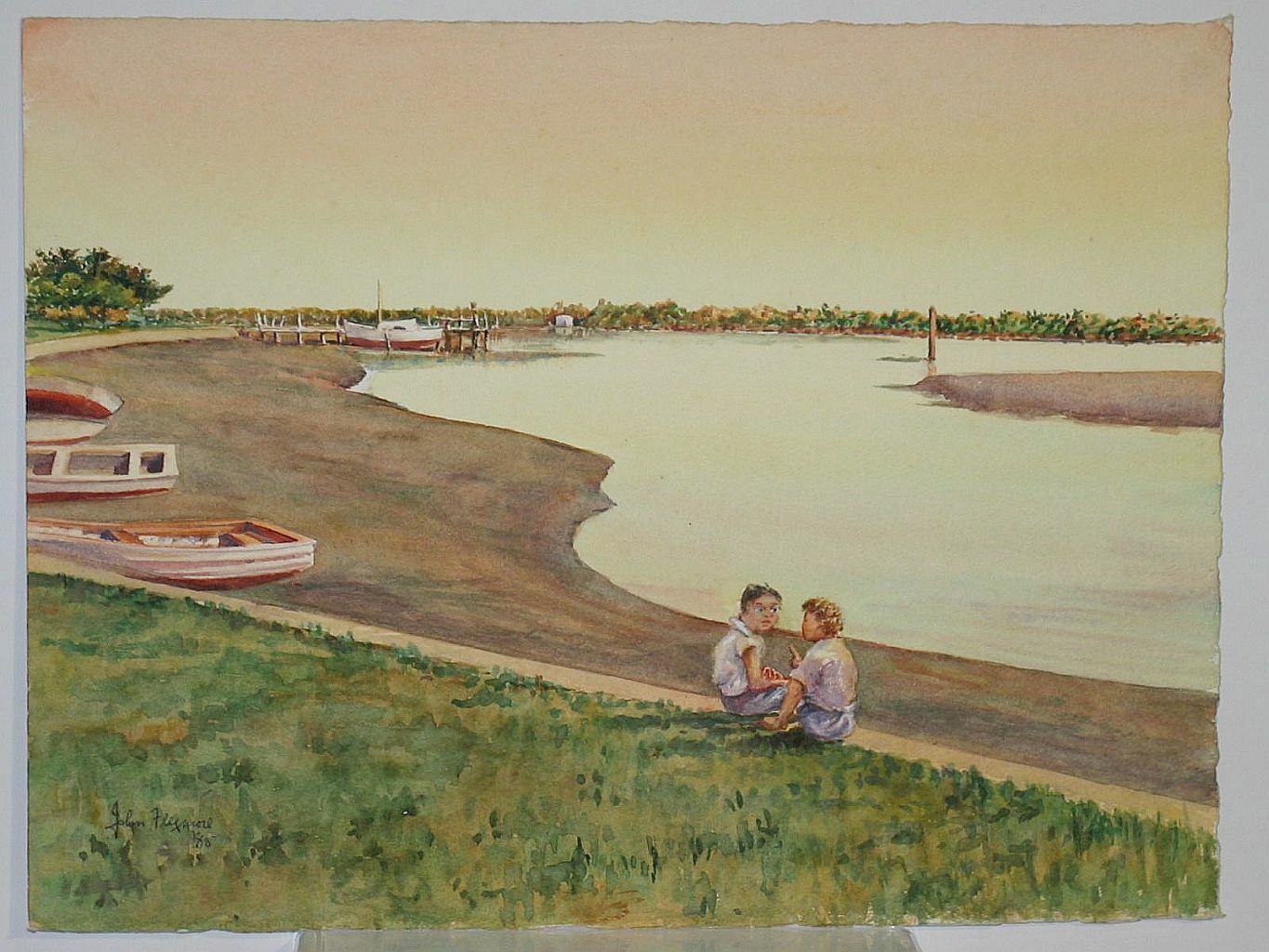 John Flexmore Original Watercolour Painting «Boats on River Flats». Unframed