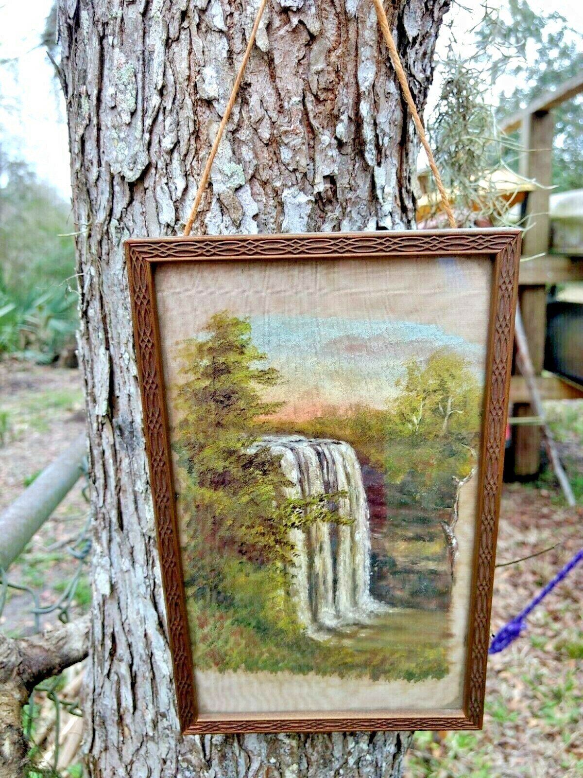Oil Painting on Silk Fabric Waterfall & River Scene Original Wood Frame Antique