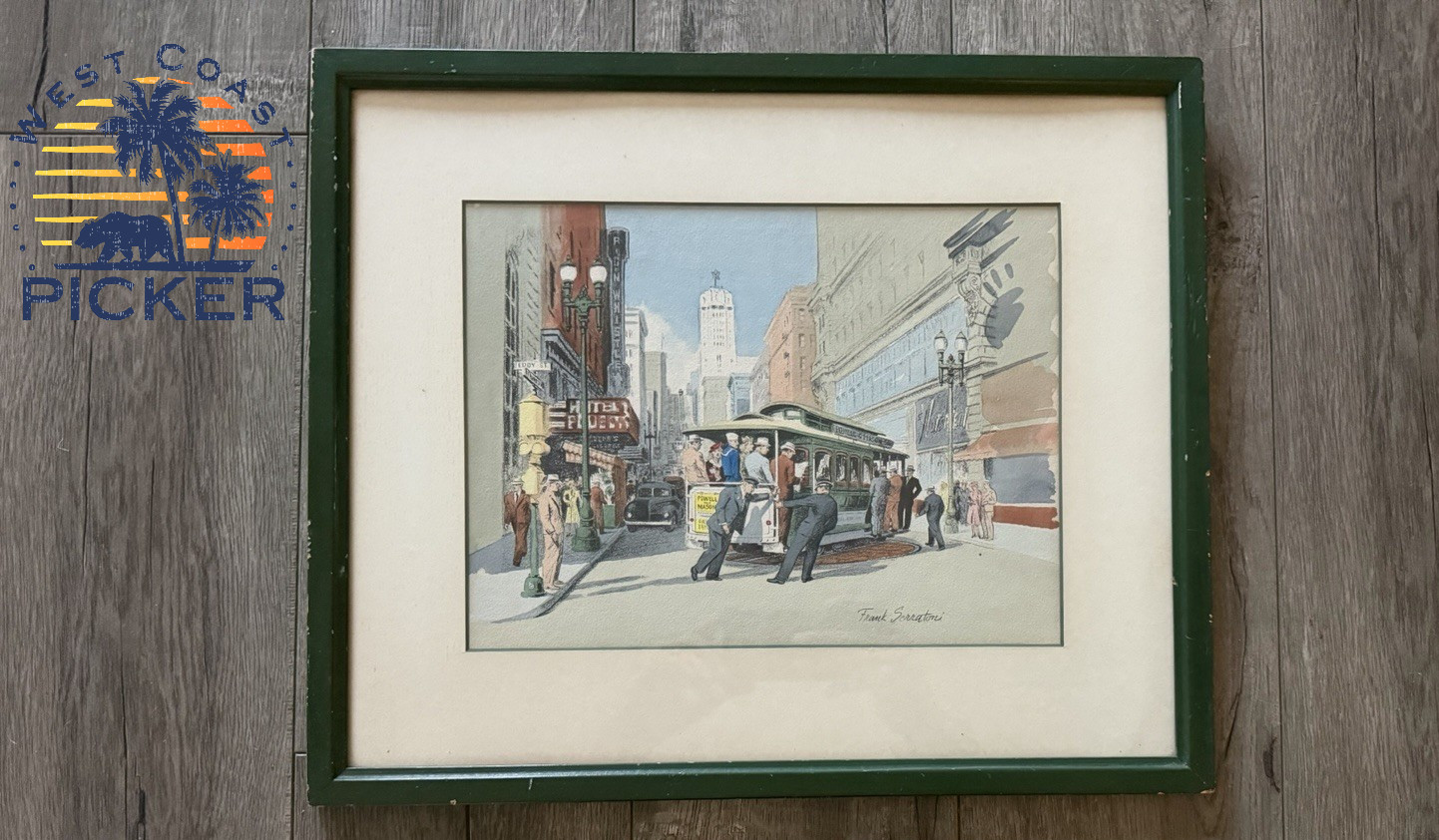 Circa 1950 Frank Serratoni Watercolor San Francisco Titled «Cabe Cars» Original