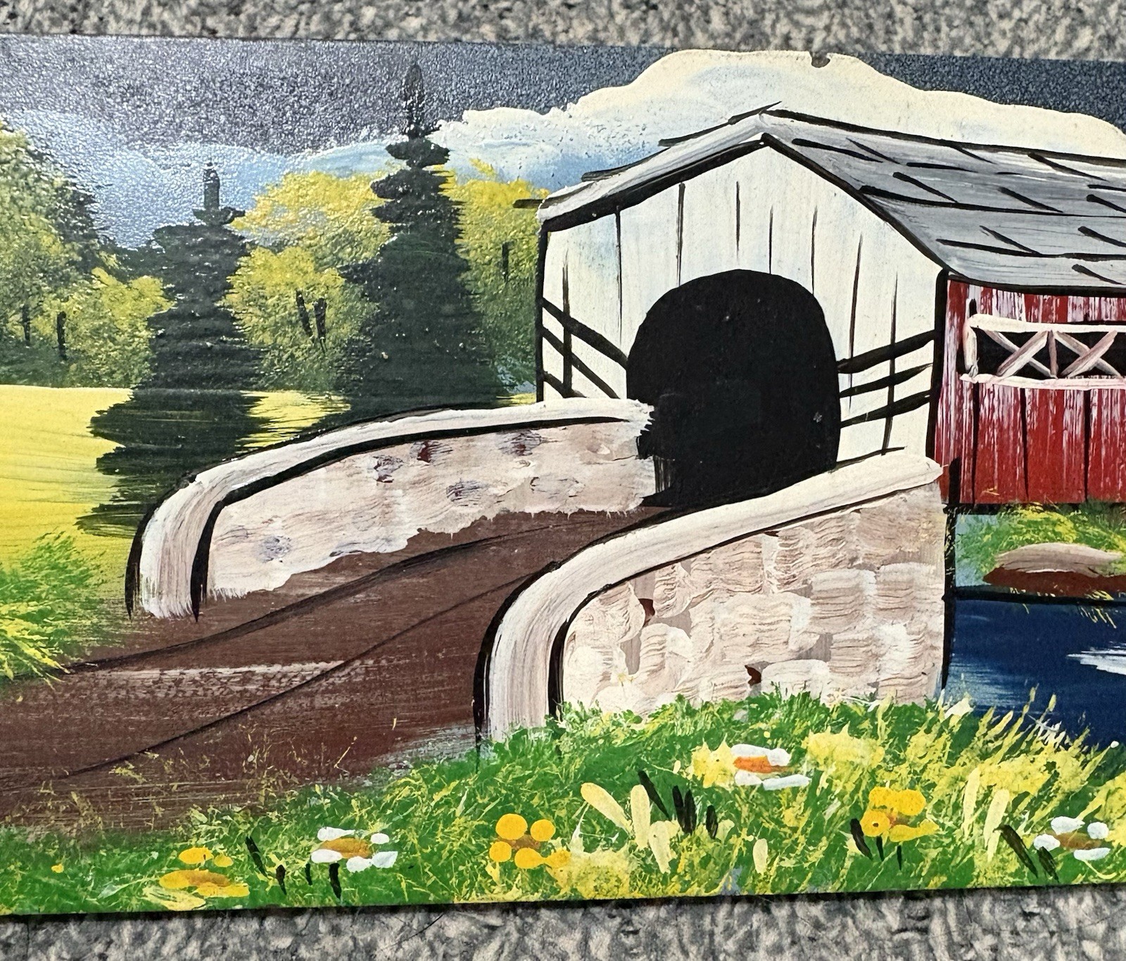 Painted Chainsaw Bar – Church/Covered Bridge/Water Mill Scene Folk Art 22-1/2″