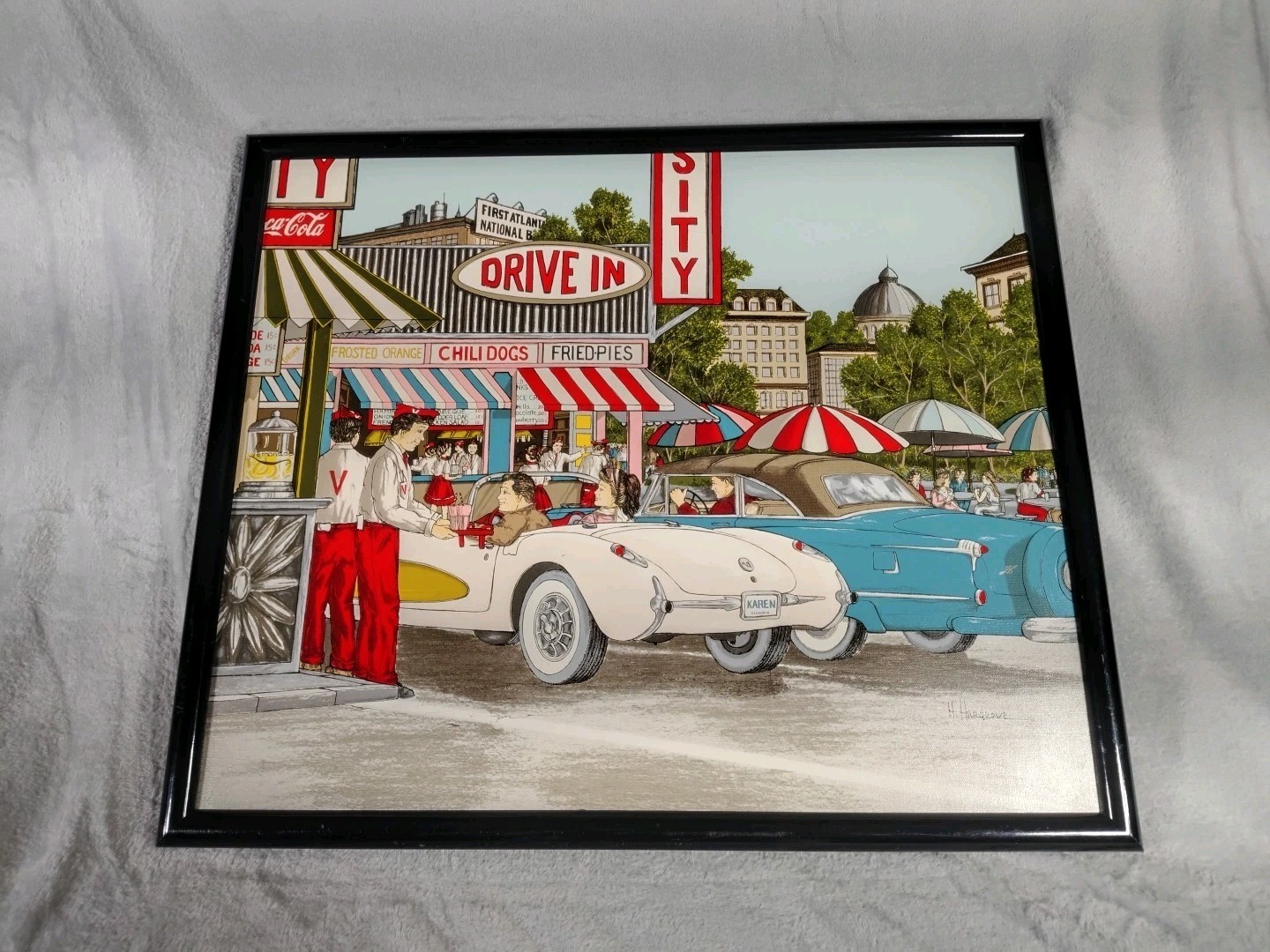 H Hargrove 1957 Corvette At Drive In Restaurant Signed Oil Painting 21.5 X 25.5