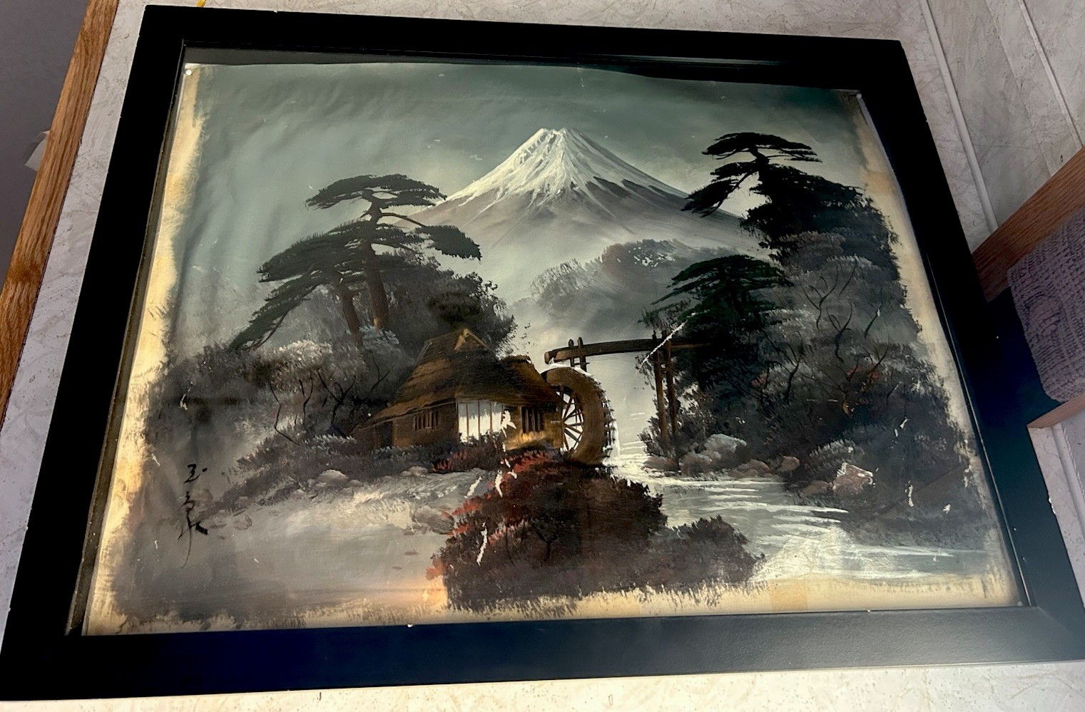 Vintage Japanese Mount Fuji Waterfall Cabin View Framed Art Painting Silk 18×14