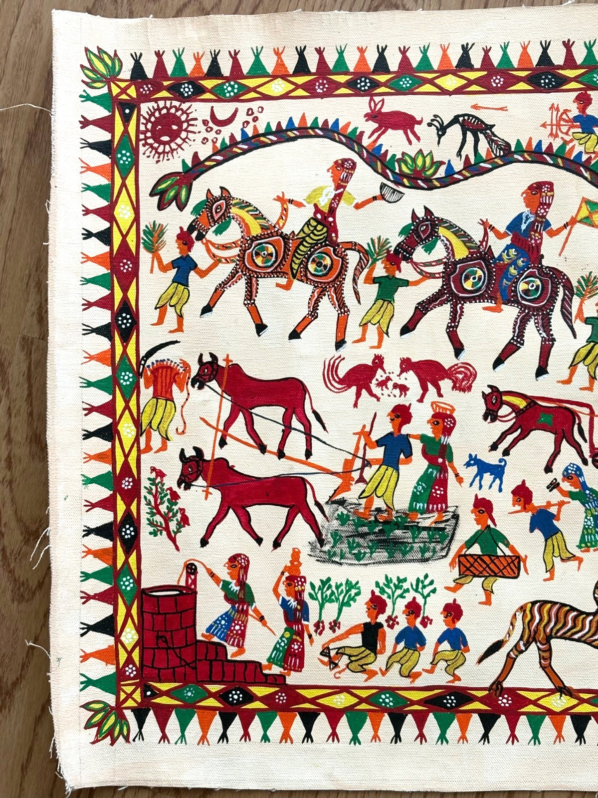 Folk Art Pithora Painting from Gujarat India: Horses, Dieties: 32″ x 20″, EUC