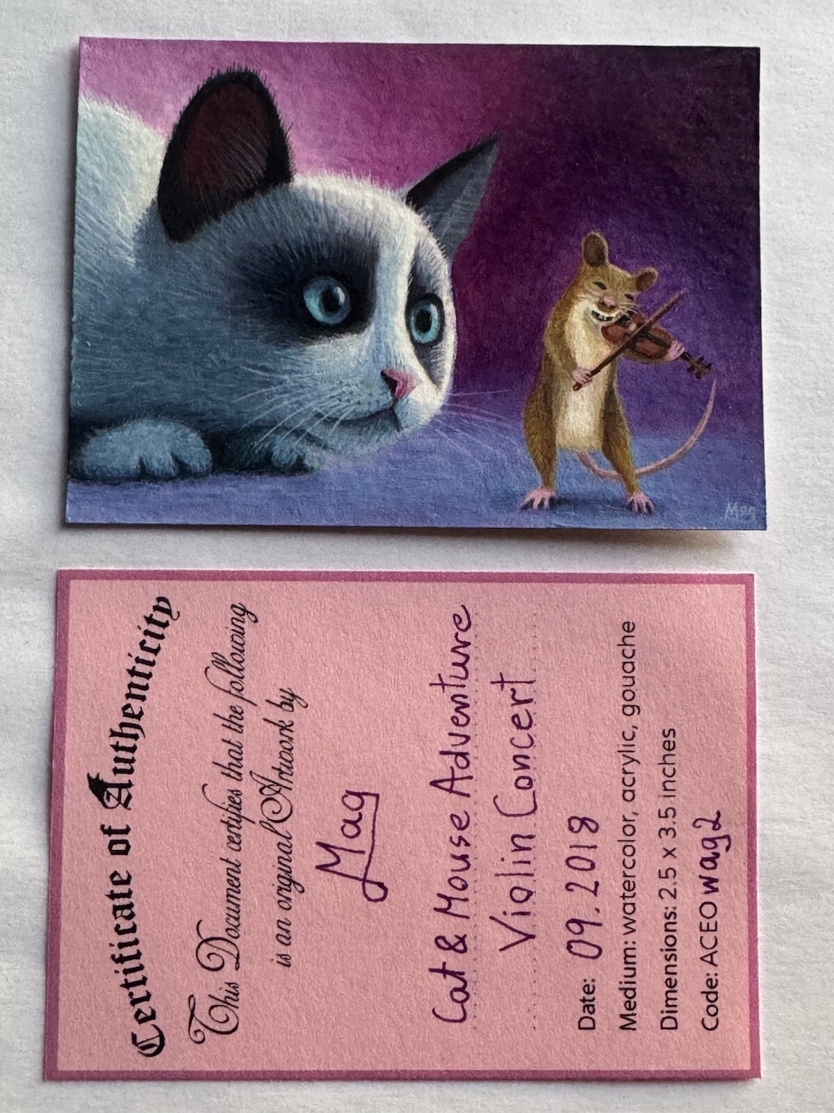 ACEO Original Painting Mag Cat and Mouse Adventure Violin Concert ATC COA 2018