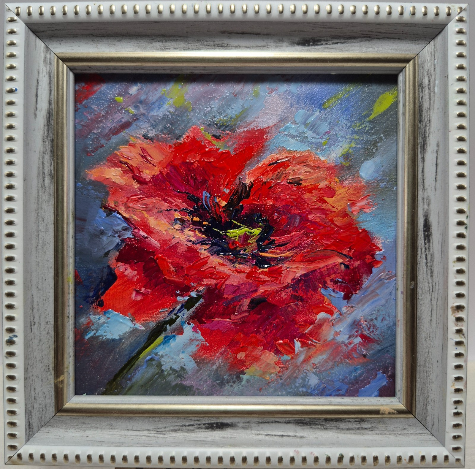 Original autographed oil painting in a frame. Poppy. Impressionism. 4×4 inc