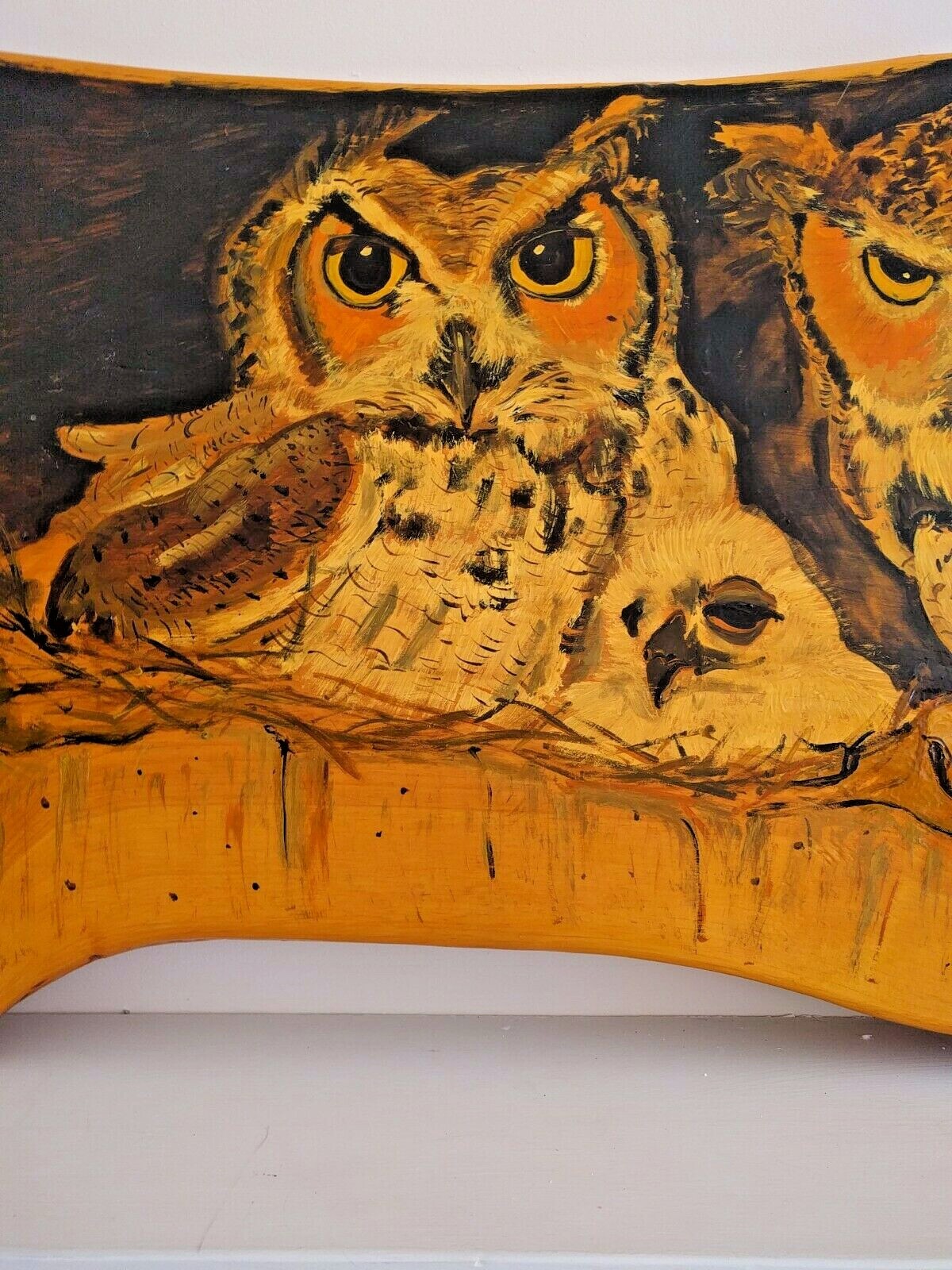 Large original Wooden Wall Painting or Tabletop: Owl Family rustic primitive