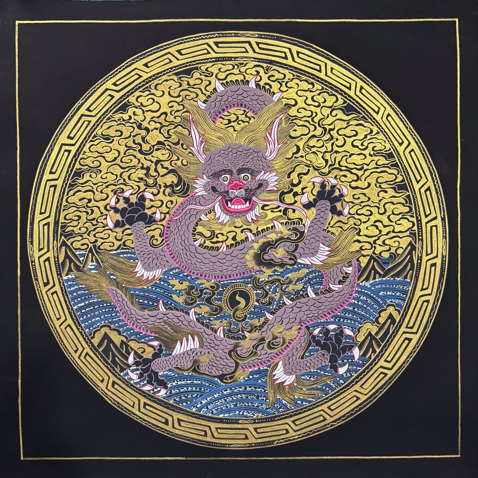 Dragon Mandala Thangka Painting, Handmade Tibetan Art for Meditation, Decoration