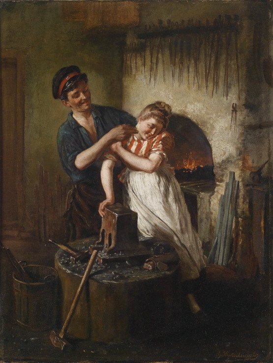 Dream-art hand painted Oil painting Blacksmith couple flirting in the workplace