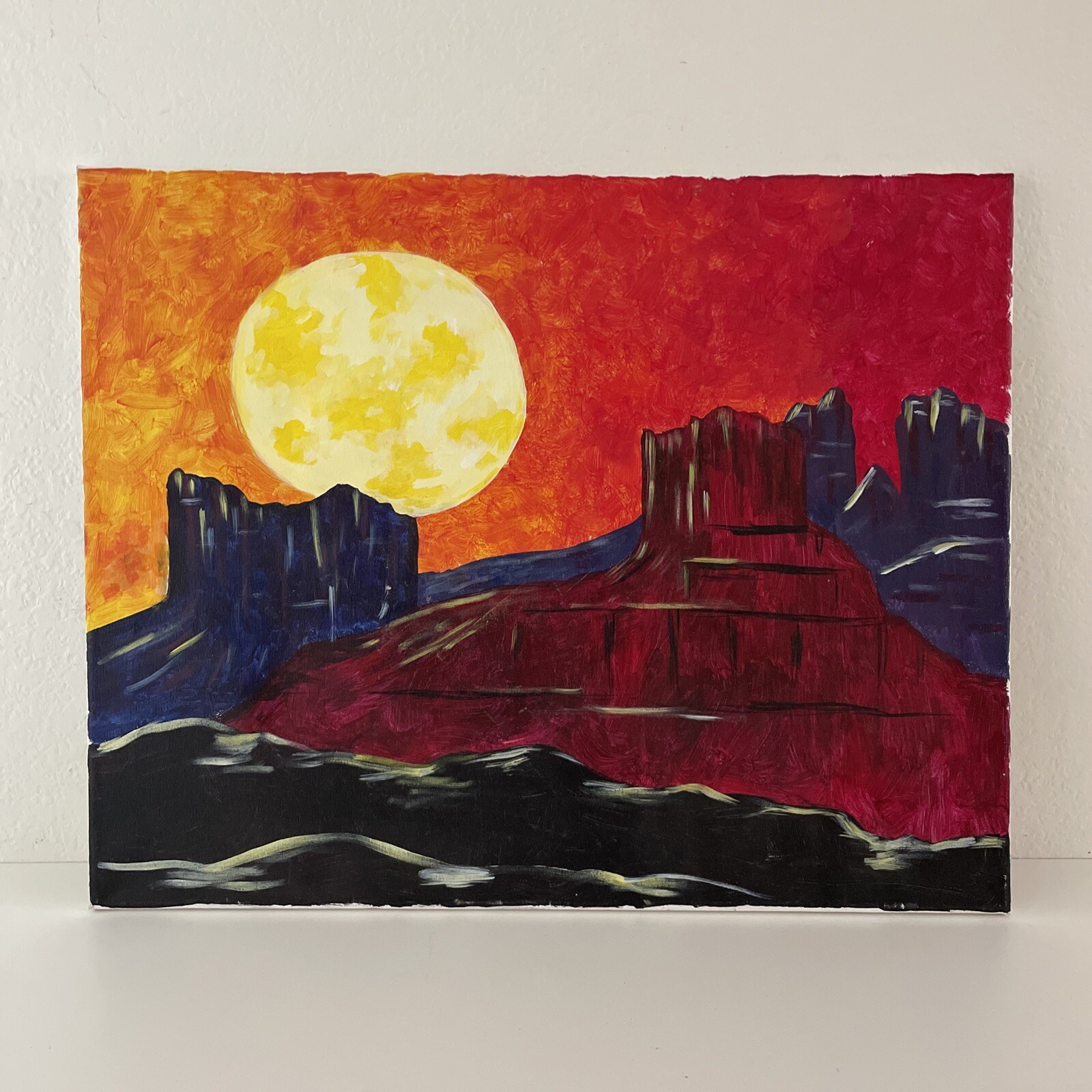 Modern Impressionist Painting 20×16″ Night-time Desert Moon Landscape