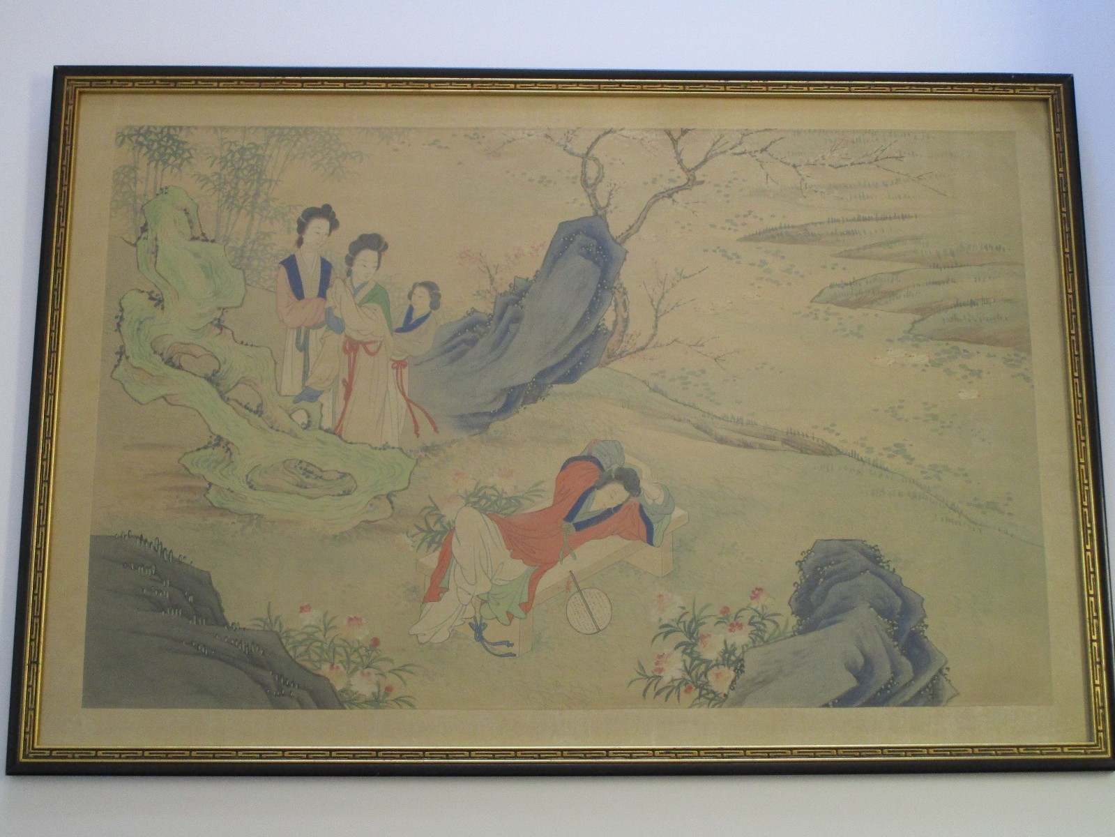 VINTAGE-ANTIQUE CHINESE FRAMED SCROLL PAINTING FIGURES LANDSCAPE LARGE SIZE