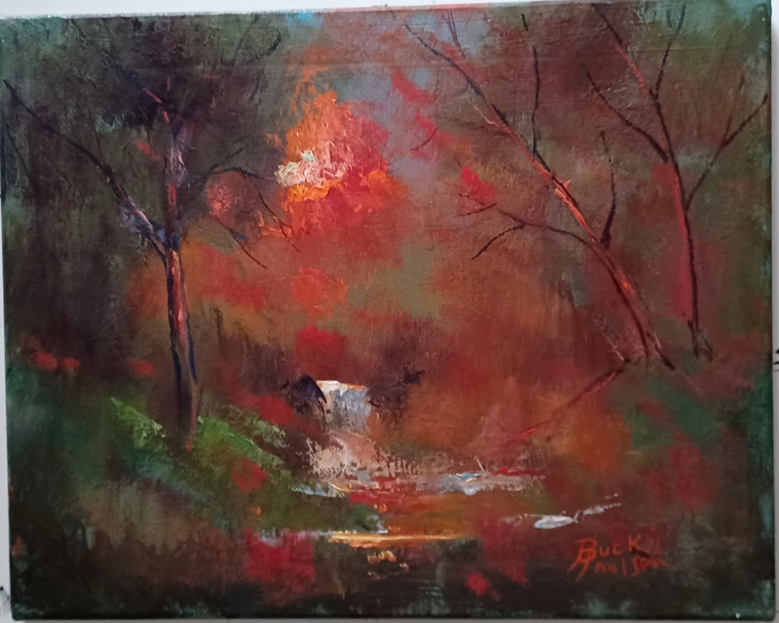 Buck Paulson’s Original 20×16 Painting Original 2018 Waterfall, Forest, Sunset