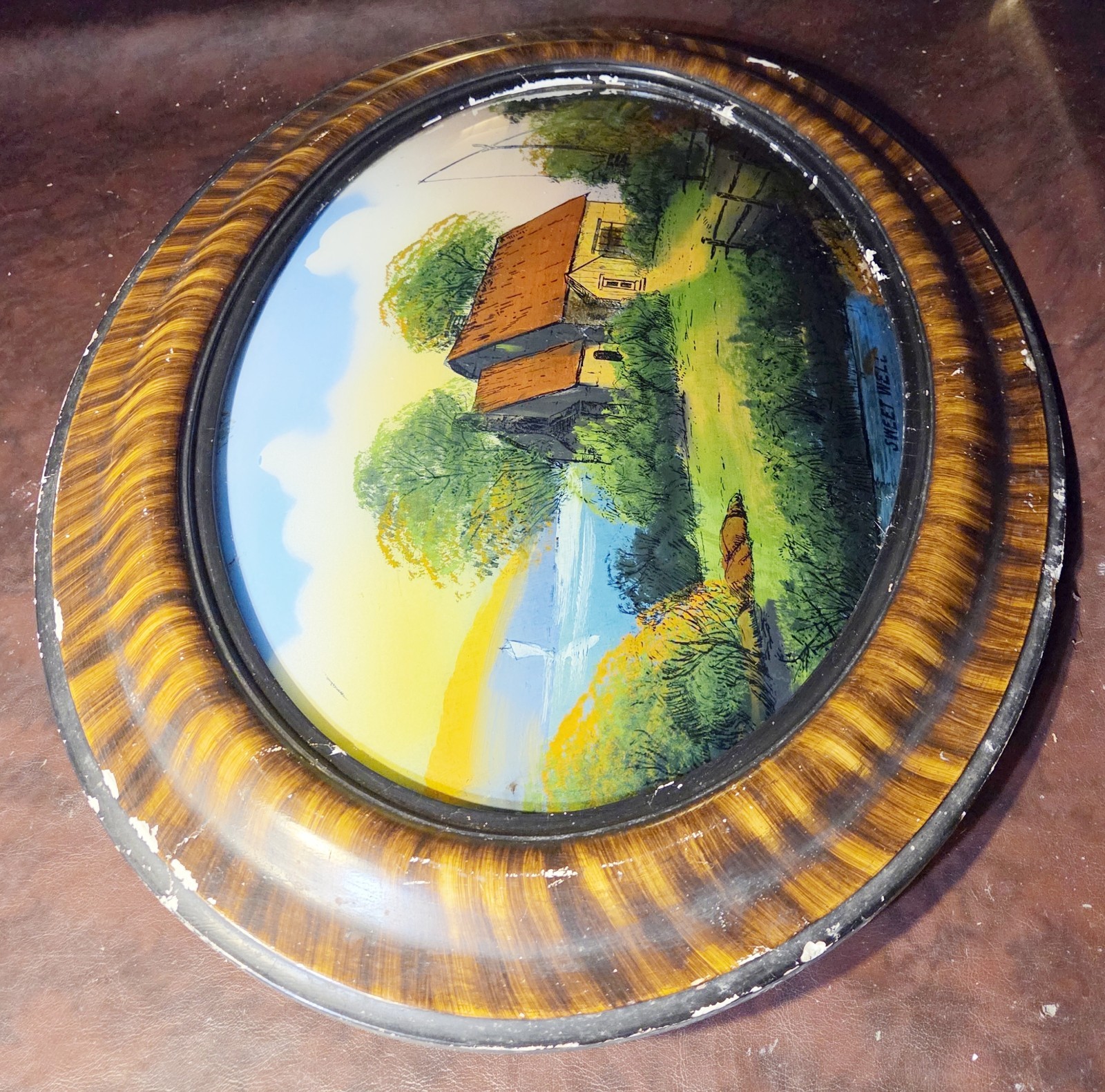 Antique Oval Reverse Painting Bubble Glass Sweet Well Tiger Wood Frame Victorian