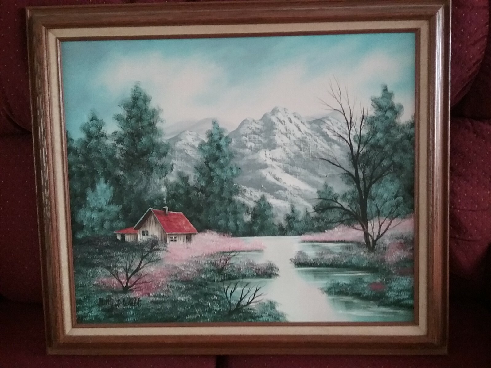 Betty L Walt Oil Canvas Painting House Cabin Creek River Trees Landscape 28×24